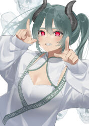 Rule 34 | 1girl, absurdres, black horns, breasts, cleavage, cleavage cutout, clothing cutout, commission, dark green hair, hands up, highres, horns, index finger raised, looking at viewer, mashiro kta, medium breasts, original, parted lips, red eyes, skeb commission, skull background, sleeves past wrists, solo, twintails, upper body