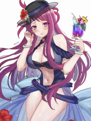 1girl bandeau black_hat blue_one-piece_swimsuit cowboy_shot cup drinking_straw fire_emblem fire_emblem_engage fire_emblem_heroes hands_up hat highres holding holding_cup ivy_(fire_emblem) ivy_(summer)_(fire_emblem) long_hair looking_at_viewer mole mole_under_mouth navel nintendo official_alternate_costume one-piece_swimsuit parted_lips purple_eyes purple_hair smile solo stomach swimsuit thighs very_long_hair white_background zqzbq