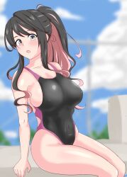 Rule 34 | 1girl, alternate hairstyle, black hair, black one-piece swimsuit, blue eyes, blue sky, blurry, blurry background, breasts, cloud, competition swimsuit, covered erect nipples, day, highleg, highleg swimsuit, kantai collection, large breasts, long hair, looking at viewer, multicolored hair, naganami (kancolle), nishikaze (makaso17), one-piece swimsuit, outdoors, pink hair, ponytail, sky, solo, swimsuit, two-tone hair, two-tone swimsuit, wavy hair