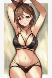 1girl alternate_costume armpits arms_up atelier_(series) atelier_ryza bikini black_bikini braid breasts brown_eyes brown_hair cleavage collarbone cowboy_shot earrings hair_ribbon jewelry large_breasts looking_at_viewer nannacy7 navel necklace reisalin_stout ribbon short_hair solo swimsuit