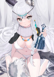 Rule 34 | 1girl, absurdres, adapted costume, animal ear fluff, animal ears, arknights, bare legs, bead necklace, beads, bell, bikini, black capelet, blush, braid, breasts, capelet, chinese commentary, circlet, cleavage, closed mouth, curtains, earrings, expressionless, full body, grey eyes, grey hair, highres, holding, holding bell, jewelry, leopard ears, leopard girl, leopard tail, long hair, looking at viewer, medium breasts, multi-strapped bikini, navel, necklace, pramanix (arknights), rou bao mao-gravity5, side braids, single earring, sitting, solo, stomach, swimsuit, tail, tassel, tassel earrings, twin braids, very long hair, wariza, white bikini