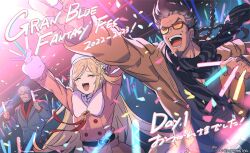 Rule 34 | 1girl, 2boys, anderson (granblue fantasy), audience, beard, black hair, black scarf, black shirt, blonde hair, brown coat, brown jacket, closed eyes, coat, concert, confetti, copyright name, earrings, erika (granblue fantasy), facial hair, glowstick, goatee, granblue fantasy, grey hair, holding, holding glowstick, jacket, jewelry, long hair, minaba hideo, multiple boys, official art, one eye closed, open clothes, open coat, open mouth, scarf, shirt, short hair, smile, stage lights, sunglasses, yngwie