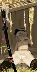 Rule 34 | 1girl, after rape, aftersex, as109, black thighhighs, blood, breasts, breasts apart, censored, cum, cum on body, cum on hair, cum on upper body, defloration, facing viewer, grass, green eyes, has uncensored version, hip bones, katana, konpaku youmu, leaning back, looking at viewer, navel, nipples, nude, outdoors, parted lips, petite, pussy, rape, shade, short hair, skinny, small breasts, solo, spread legs, sword, tears, thighhighs, touhou, weapon, white hair