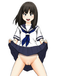 Rule 34 | 1girl, :d, black eyes, black hair, blush, cleft of venus, clothes lift, female focus, flashing, lifting own clothes, long hair, looking at viewer, maburu, neckerchief, no panties, open mouth, original, pussy, school uniform, serafuku, shirt, simple background, skirt, skirt lift, smile, solo, standing, third-party edit, uncensored, white background
