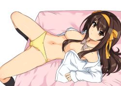 Rule 34 | 1girl, arm support, bow, bowtie, breasts, brown eyes, brown hair, convenient censoring, crotch seam, frown, hairband, haruhisky, indoors, kneehighs, long hair, long sleeves, looking at another, lying, medium breasts, navel, no bra, on bed, open clothes, open shirt, orange hairband, panties, serious, socks, solo, spread legs, suzumiya haruhi, suzumiya haruhi no yuuutsu, thighs, underwear, yellow panties