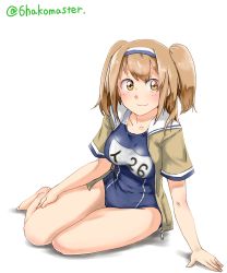 Rule 34 | 10s, 1girl, absurdres, barefoot, breasts, brown eyes, full body, hairband, hand on own thigh, highres, i-26 (kancolle), kantai collection, large breasts, legs together, light brown hair, long hair, looking at viewer, new school swimsuit, roppako, sailor collar, school swimsuit, short sleeves, sitting, solo, swimsuit, swimsuit under clothes, twitter username, two-tone hairband, two side up