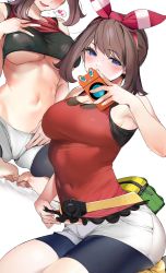 Rule 34 | 1girl, bare arms, bare shoulders, blue eyes, blush, breasts, brown hair, cleavage, commentary request, covered navel, creatures (company), game freak, gen 4 pokemon, heart, highres, kneeling, large breasts, looking at viewer, marushin (denwa0214), may (pokemon), medium hair, multiple views, navel, nintendo, parted lips, pokemon, pokemon oras, red shirt, rotom, rotom (wash), rotom phone, shirt, sleeveless, smile, thighs, underboob, white background