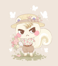 Rule 34 | 1boy, :&lt;, animal crossing, artist name, belt, belt buckle, blush, blush stickers, bouquet, bow, brown background, brown belt, brown hat, brown shorts, buckle, bug, butterfly, closed mouth, collared shirt, commentary, english commentary, floral print, flower, full body, furry, furry male, grass, hat, hat bow, holding, holding bouquet, insect, looking at viewer, male focus, marshal (animal crossing), nintendo, pink flower, print shirt, puffy shorts, samantha whitten, shirt, shirt tucked in, short sleeves, shorts, signature, simple background, solo, squirrel boy, standing, straw hat, striped, striped bow, v-shaped eyebrows, yellow flower, yellow shirt