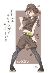 Rule 34 | 1girl, baseball cap, belly, black footwear, black pantyhose, breasts, brown background, brown eyes, brown hair, brown hat, brown shorts, brown skirt, check translation, closed mouth, collarbone, commentary request, earpiece, full body, hair between eyes, hat, highres, looking at viewer, navel, nike (company), original, pantyhose, pantyhose under shorts, pigeon-toed, shoes, short sleeves, shorts, skirt, small breasts, smile, solo, standing, translation request, two-tone background, white background, yuuzii