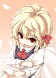 Rule 34 | 1girl, arm grab, bad id, bad pixiv id, blonde hair, embodiment of scarlet devil, fangs, female focus, from above, open mouth, pov, red eyes, ribbon, rumia, shamo (koumakantv), short hair, slit pupils, solo, touhou