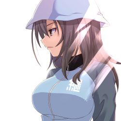 Rule 34 | 1girl, beni (bluebluesky), blue hat, blue jacket, brown eyes, brown hair, closed mouth, commentary, emblem, girls und panzer, hat, highres, jacket, keizoku military uniform, light particles, long hair, long sleeves, looking to the side, mika (girls und panzer), military, military uniform, raglan sleeves, simple background, solo, sunlight, track jacket, uniform, upper body, white background