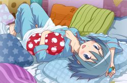Rule 34 | 10s, 1girl, :d, arm above head, barefoot, bed sheet, blue eyes, blue hair, blush, breasts, cleavage, collarbone, frilled pillow, frills, gecchu, highres, long sleeves, looking at viewer, lying, mahou shoujo madoka magica, mahou shoujo madoka magica (anime), matching hair/eyes, medium breasts, miki sayaka, on back, on bed, open mouth, pajamas, pillow, short hair, smile, solo, soul gem, star (symbol), star print, striped pillow, unbuttoned, unmoving pattern, upside-down