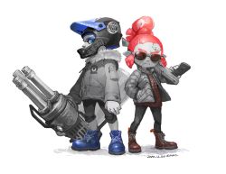 Rule 34 | 1boy, 1girl, akaneko (redakanekocat), bandages, bandaid, bandaid on face, blue hair, boots, closed mouth, coat, dated, full body, fur trim, highres, holding, holding weapon, inkling, inkling boy, inkling girl, inkling player character, looking at viewer, nintendo, pointy ears, red hair, signature, simple background, splatoon (series), splatoon 2, spot color, sunglasses, weapon, white background