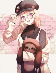 Rule 34 | 1girl, :d, absurdres, adjusting clothes, adjusting headwear, black hat, blonde hair, blush, cabbie hat, camisole, cardigan, commentary, cowboy shot, crossed bangs, earrings, fu u03, glasses, hair between eyes, hat, head tilt, highres, holding, holding stuffed toy, jewelry, long sleeves, looking at viewer, medium hair, necklace, open cardigan, open clothes, open mouth, original, parted bangs, puffy sleeves, purple eyes, shirt, single off shoulder, sloth (animal), smile, solo, spaghetti strap, stuffed animal, stuffed toy, turtleneck, variant set, white camisole, white cardigan