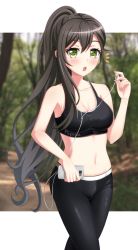 Rule 34 | 1girl, :o, alternate costume, alternate hairstyle, baek hyang&#039;geum, bang dream!, bare shoulders, black hair, black pants, black sports bra, blurry, blurry background, blush, breasts, cellphone, cleavage, collarbone, commentary, cowboy shot, earphones, green eyes, groin, hair between eyes, hanazono tae, highres, holding, holding earphones, holding phone, long hair, looking at viewer, medium breasts, midriff, navel, notice lines, open mouth, pants, phone, ponytail, sidelocks, smartphone, solo, sports bra, standing, white background