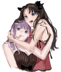 Rule 34 | 2girls, alternate costume, bare shoulders, black bow, black nails, blue eyes, bow, breasts, brown hair, candy, cleavage, commentary request, cropped torso, dress, fate/stay night, fate (series), food, hair bow, head hug, highres, large breasts, light blush, long hair, matou sakura, mouth hold, multiple girls, nail polish, purple eyes, purple hair, red dress, siblings, sisters, strapless, strapless dress, tohsaka rin, two side up, ubwmitekure, valentine, white background