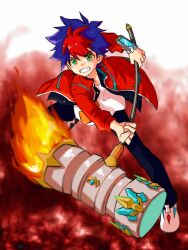 Rule 34 | 1boy, angry, blue hair, cellphone, clenched hands, crystal, cygames, fire, gold, green eyes, hammer, holding, holding weapon, jacket, lovetoloveit, male focus, open clothes, open jacket, pants, phone, red hair, red jacket, school uniform, shadowverse, shadowverse (anime), shadowverse flame, shirt, shoes, simple background, smartphone, spiked hair, tenryu light (shadowverse flame), weapon, white shirt