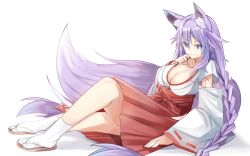 Rule 34 | 1girl, alternate costume, animal ears, bimmy, blue eyes, braid, breasts, cleavage, detached sleeves, fox ears, fox girl, fox tail, from side, full body, hakama, hakama short skirt, hakama skirt, hand on own cheek, hand on own face, highres, japanese clothes, knee up, long hair, long sleeves, looking at viewer, lying, medium breasts, neptune (series), nontraditional miko, on back, power symbol, power symbol-shaped pupils, purple hair, purple heart (neptunia), red ribbon, red skirt, ribbon, ribbon-trimmed sleeves, ribbon trim, sandals, shirt, simple background, sitting, skirt, smile, solo, symbol-shaped pupils, tail, twin braids, twintails, very long hair, white background, white shirt, wide sleeves