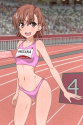 Rule 34 | 1girl, blush, breasts, brown eyes, brown hair, buruma, cameltoe, clothes lift, dandere (tetsudan), feet out of frame, flower, flower on head, gluteal fold, hair between eyes, hair flower, hair ornament, highres, light blush, looking at viewer, misaka mikoto, name tag, navel, olympics, open mouth, outdoors, running track, shiny skin, shirt lift, short hair, skindentation, small breasts, smile, solo, sports bikini, standing, stomach, teeth, thighs, toaru kagaku no railgun, toaru majutsu no index, tongue, track and field, track uniform, upper teeth only, white flower