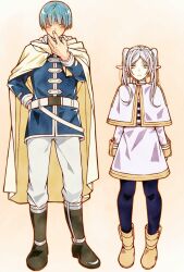 Rule 34 | 1boy, 1girl, arms at sides, belt, black footwear, black pantyhose, blue hair, blue shirt, boots, cape, capelet, earrings, elf, frieren, hand on own hip, hand up, himmel (sousou no frieren), jewelry, kesyeru, long hair, long sleeves, looking at another, pants, pantyhose, pointy ears, shirt, short hair, simple background, sousou no frieren, standing, striped clothes, striped shirt, twintails, white capelet, white hair, yellow footwear