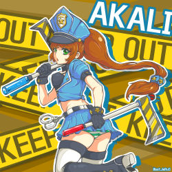Rule 34 | 1girl, akali, akali (legacy), brown hair, cuffs, green eyes, handcuffs, hat, kama (weapon), league of legends, long hair, looking at viewer, low-tied long hair, microskirt, midriff, open mouth, panties, pantyshot, police, police hat, police uniform, ponytail, sickle, skirt, solo, star (symbol), striped clothes, striped panties, thighhighs, trombe, underwear, uniform, upskirt, very long hair, weapon