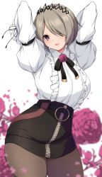 Rule 34 | 1girl, :d, arms behind back, arms up, blurry, blurry background, breasts, brown pantyhose, contrapposto, cowboy shot, floral background, flower, flower brooch, hair ornament, hair over one eye, highres, honkai (series), honkai impact 3rd, large breasts, light brown hair, long sleeves, neck ribbon, open mouth, pantyhose, red eyes, red flower, red rose, ribbon, rita rossweisse, rita rossweisse (fallen rosemary), rose, sheita, short hair, smile, solo, white background