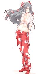 Rule 34 | 1girl, blush, breasts, commentary request, covered erect nipples, duplicate, fujiwara no mokou, hair ribbon, hand on own hip, highres, hip focus, long hair, looking away, medium breasts, midriff, navel, neck ribbon, no bra, non (z-art), one-hour drawing challenge, panties, pants, panty pull, red eyes, red footwear, ribbon, shirt, shoes, silver hair, solo, suspenders hanging, tied shirt, touhou, underwear, very long hair, white background
