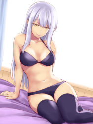 Rule 34 | 10s, 1girl, alternate costume, arm support, bed, bed sheet, bedroom, black bra, black panties, black thighhighs, bra, breasts, curtains, groin, halterneck, halterneck, indoors, ishii hisao, kantai collection, lips, long hair, looking to the side, medium breasts, navel, panties, shoukaku (kancolle), silver hair, sitting, solo, stomach, thighhighs, thighs, underwear, underwear only, wooden wall, yellow eyes