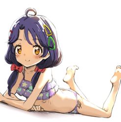 Rule 34 | 1girl, ahoge, bare arms, bare legs, bare shoulders, barefoot, bikini, blush, bow, closed mouth, commentary request, hair bow, hair ornament, hair over shoulder, hairclip, highres, legs up, looking at viewer, low twintails, lying, momo (higanbana and girl), on stomach, orange eyes, parted bangs, precure, purple bikini, purple hair, red bow, shadow, side-tie bikini bottom, smile, soles, solo, suzumura sango, swimsuit, tropical-rouge! precure, twintails, white background