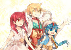 Rule 34 | 1girl, 2boys, acelolo, aladdin (magi), ali baba saluja, barefoot, blonde hair, blue eyes, blue hair, dress, fire, flute, happy, instrument, long hair, magi the labyrinth of magic, morgiana, multiple boys, open mouth, red eyes, red hair, side ponytail, simple background, smile, white dress, yellow eyes