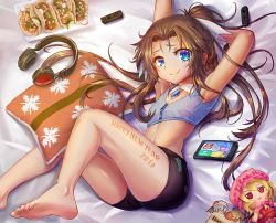 Rule 34 | 1girl, 2019, armpits, barefoot, blue eyes, brown hair, character doll, commentary, crop top, english commentary, fang, feet, flandre scarlet, flat chest, food, freeze-ex, full body, game console, happy new year, hat, hat ribbon, headphones, long hair, lying, midriff, new year, nintendo switch, on side, original, pillow, ponytail, remilia scarlet, ribbon, short shorts, shorts, soles, solo, taco, toes, touhou, v-moda