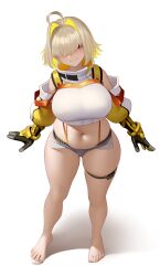 Rule 34 | 1girl, absurdres, ahoge, bare legs, barefoot, black gloves, blonde hair, breasts, closed mouth, crop top, curvy, egg, elegg (nikke), fang, fang out, full body, gloves, goddess of victory: nikke, hair intakes, hair over eyes, highres, kairunoburogu, large breasts, looking at viewer, micro shorts, midriff, multicolored hair, navel, purple eyes, short hair, shorts, simple background, smile, solo, standing, thigh strap, white background, wide hips