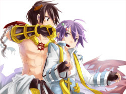 Rule 34 | 2boys, arch bishop (ragnarok online), belt, black belt, black gloves, blue coat, brown eyes, brown hair, clothes around waist, coat, commentary request, cropped jacket, cross, cross necklace, dango hair ornament, fingerless gloves, flame print, food, food-themed hair ornament, gauntlets, gloves, hair ornament, jacket, jewelry, kiri nada, long sleeves, looking at another, male focus, multiple boys, necklace, open mouth, pants, purple eyes, purple hair, ragnarok online, shirt, shirt around waist, short hair, simple background, sura (ragnarok online), taiyaki, toned, toned male, topless male, upper body, wagashi, white background, white jacket, white pants, white shirt