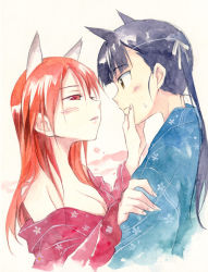 Rule 34 | 2girls, agahari, animal ears, black hair, blush, breasts, brown eyes, cleavage, dog ears, eye contact, eyepatch, grabbing another&#039;s chin, hand on another&#039;s chin, imminent kiss, japanese clothes, kimono, long hair, looking at another, medium breasts, minna-dietlinde wilcke, multiple girls, off shoulder, ponytail, red eyes, red hair, sakamoto mio, strike witches, sweatdrop, wolf ears, world witches series, yukata, yuri