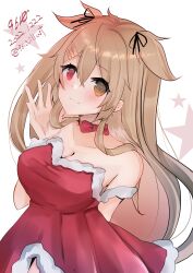 Rule 34 | 1girl, 9610 (kuroto), absurdres, alternate costume, breasts, brown eyes, choker, cleavage, dated, dress, gradient hair, hair flaps, heterochromia, highres, kantai collection, large breasts, light brown hair, long hair, looking at viewer, multicolored hair, murasame (kancolle), murasame kai ni (kancolle), red choker, red eyes, santa dress, signature, solo, twintails, twitter username, two side up, upper body, white background