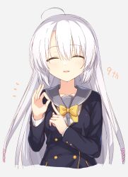 Rule 34 | 1girl, ^ ^, ahoge, ayachi nene, black jacket, blush, closed eyes, cofetaru, commentary request, cropped torso, facing viewer, grey hair, grey sailor collar, hair between eyes, hair ribbon, hands up, happy, highres, index finger raised, jacket, long hair, long sleeves, notice lines, ok sign, open mouth, pink ribbon, ribbon, sailor collar, sanoba witch, school uniform, serafuku, sidelocks, smile, solo, straight-on, straight hair, upper body, very long hair