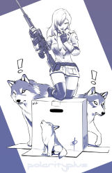 Rule 34 | !, 1girl, box, breasts, cardboard box, choker, cleavage, fingerless gloves, gloves, gun, h&amp;k psg1, hair over one eye, jacket, long hair, metal gear (series), metal gear solid, monochrome, no bra, open clothes, open jacket, polarityplus, rifle, sniper rifle, sniper wolf, solo, thighhighs, weapon, wolf, zipper