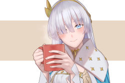 Rule 34 | 1girl, anastasia (fate), blue cape, blue eyes, blush, breasts, cape, closed mouth, cup, dress, fate/grand order, fate (series), hair over one eye, hairband, jewelry, large breasts, long hair, looking at viewer, mug, neck ring, silver hair, smile, tsuchifumazu, white dress