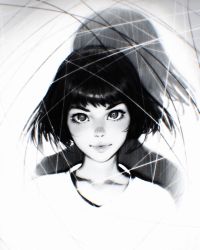 Rule 34 | 1girl, closed mouth, collarbone, greyscale, highres, ilya kuvshinov, lips, monochrome, original, photo-referenced, portrait, short hair, simple background, smile, solo, thick eyebrows, valkorn, white background