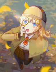 Rule 34 | 1girl, black thighhighs, blonde hair, blue eyes, blurry, blush, breasts, brown skirt, capelet, collared shirt, commentary, detective, english commentary, facing viewer, falling leaves, full body, ginkgo tree, hair ornament, hat, high-waist skirt, highres, holding, holding magnifying glass, hololive, hololive english, holomyth, leaf, loafers, long hair, long sleeves, looking up, magnifying glass, medium breasts, neckerchief, necktie, open mouth, plaid, plaid skirt, rainry, red neckerchief, shirt, shoes, skirt, solo, standing, swept bangs, teeth, thighhighs, tongue, virtual youtuber, watson amelia, white shirt