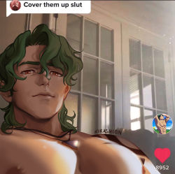 Rule 34 | 1boy, bara, cherry blossom (sk8), cover them up slut (meme), darksideofkira, dialogue box, green hair, highres, indoors, joe (sk8), large pectorals, long hair, looking at viewer, male focus, meme, muscular, muscular male, nipples, nude, pectoral focus, pectorals, shoulder tattoo, sk8 the infinity, solo, tattoo, thick eyebrows, upper body, user interface