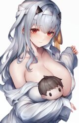 Rule 34 | 1girl, bandaged head, bandages, blush, breasts, buttoned cuffs, character doll, cleavage, doll, goddess of victory: nikke, grey hair, highres, holding, holding doll, large breasts, long hair, long sleeves, looking at viewer, modernia (first affection) (nikke), modernia (nikke), naked shirt, red eyes, ribbon, shirt, simple background, single bare shoulder, smile, snm (sunimi), solo, white background, white shirt, yellow ribbon