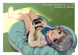 Rule 34 | 1girl, ahoge, barefoot, black skirt, blue bow, blue eyes, bow, brown sweater, collared shirt, commentary request, commission, diagonal stripes, dress shirt, female focus, full body, grey hair, handheld game console, holding, inohara koboshi, jakelian, long sleeves, looking at viewer, lying, on back, ongeki, open mouth, pixiv commission, pleated skirt, puffy long sleeves, puffy sleeves, shirt, skirt, sleeves past wrists, solo, star (symbol), striped, striped bow, sweater, swept bangs, white shirt