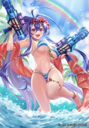 Rule 34 | 1girl, alternate costume, anklet, antenna hair, arc system works, barefoot, bikini, blazblue, blazblue alternative: dark war, blazblue remix heart, blue hair, breasts, copyright notice, flower, hair flower, hair ornament, high ponytail, highres, jewelry, koushi rokushiro, large breasts, mai natsume, navel, official art, open mouth, palm tree, ponytail, rainbow, red eyes, sky, smile, solo, sunglasses, swimsuit, thick thighs, thighs, tree, underboob, water, water gun