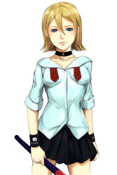 Rule 34 | 1girl, armband, blonde hair, blue eyes, candy, choker, cigarette, collarbone, hockey stick, itori (clarice note), lips, lollipop, looking at viewer, mouth hold, onizuka hime, pleated skirt, school uniform, short hair, sket dance, skirt, sleeves rolled up, solo, white background, wristband