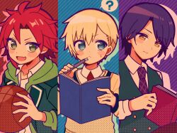 Rule 34 | 3boys, 5.5, ?, ball, basketball (object), blonde hair, book, closed mouth, collared shirt, column lineup, commentary request, drop shadow, fang, green eyes, green hoodie, green vest, hand up, holding, holding ball, holding book, holding pen, hood, hood down, hoodie, idol time pripara, long sleeves, looking at viewer, looking to the side, male focus, mitaka asahi, multiple boys, necktie, open book, open mouth, pen, pretty series, pripara, purple necktie, red hair, shirt, short hair, smile, spoken question mark, striped background, sweatdrop, takase koyoi, upper body, vest, white shirt, yellow eyes, yumekawa shogo