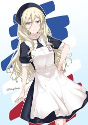 Rule 34 | 1girl, alternate costume, apron, aqua eyes, blonde hair, commentary request, detached collar, french flag, headdress, kantai collection, long hair, mikage takashi, mole, mole under eye, richelieu (kancolle), smile, solo, twitter username