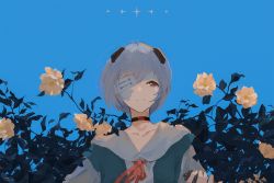 Rule 34 | 1girl, artist name, ayanami rei, bandage over one eye, black choker, blue background, blue eyes, blue skirt, chinese commentary, choker, closed mouth, collarbone, commentary request, crying, crying with eyes open, dated, flower, hand up, highres, interface headset, neck ribbon, neon genesis evangelion, one eye covered, pink flower, red eyes, red ribbon, ribbon, sailor collar, school uniform, serafuku, short hair, simple background, skirt, solo, suspender skirt, suspenders, tears, tokyo-3 middle school uniform, upper body, white sailor collar, xilmo