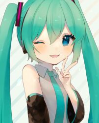 Rule 34 | 1girl, blue eyes, blush, collared shirt, commentary request, detached sleeves, green hair, hand on own face, hatsune miku, headphones, long hair, long sleeves, looking at viewer, necktie, one eye closed, open mouth, shirt, sleeveless, sleeveless shirt, smile, solo, striped, striped background, suiren nei, twintails, upper body, v, vocaloid