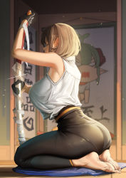 Rule 34 | 1girl, absurdres, armpits, ass, bare shoulders, barefoot, black gloves, black pants, breasts, brown hair, closed eyes, collared shirt, dojo, from side, gloves, hair behind ear, half gloves, highres, holding, holding sword, holding weapon, katana, kneeling, large breasts, original, pants, pantylines, pillow, poster (object), shirt, shirt tucked in, short hair, sleeveless, sleeveless shirt, sword, toes, translation request, weapon, wrapped, yoga pants, zuoteng lucha